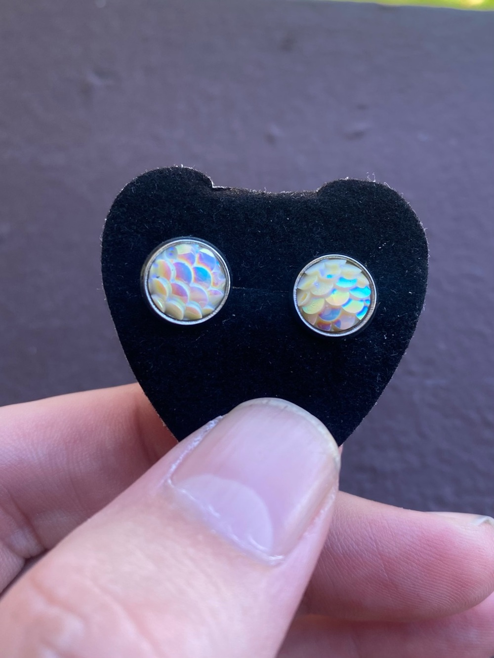 Iridescent Dragon Scale Stainless Steel Stud Earrings - White Holographic
